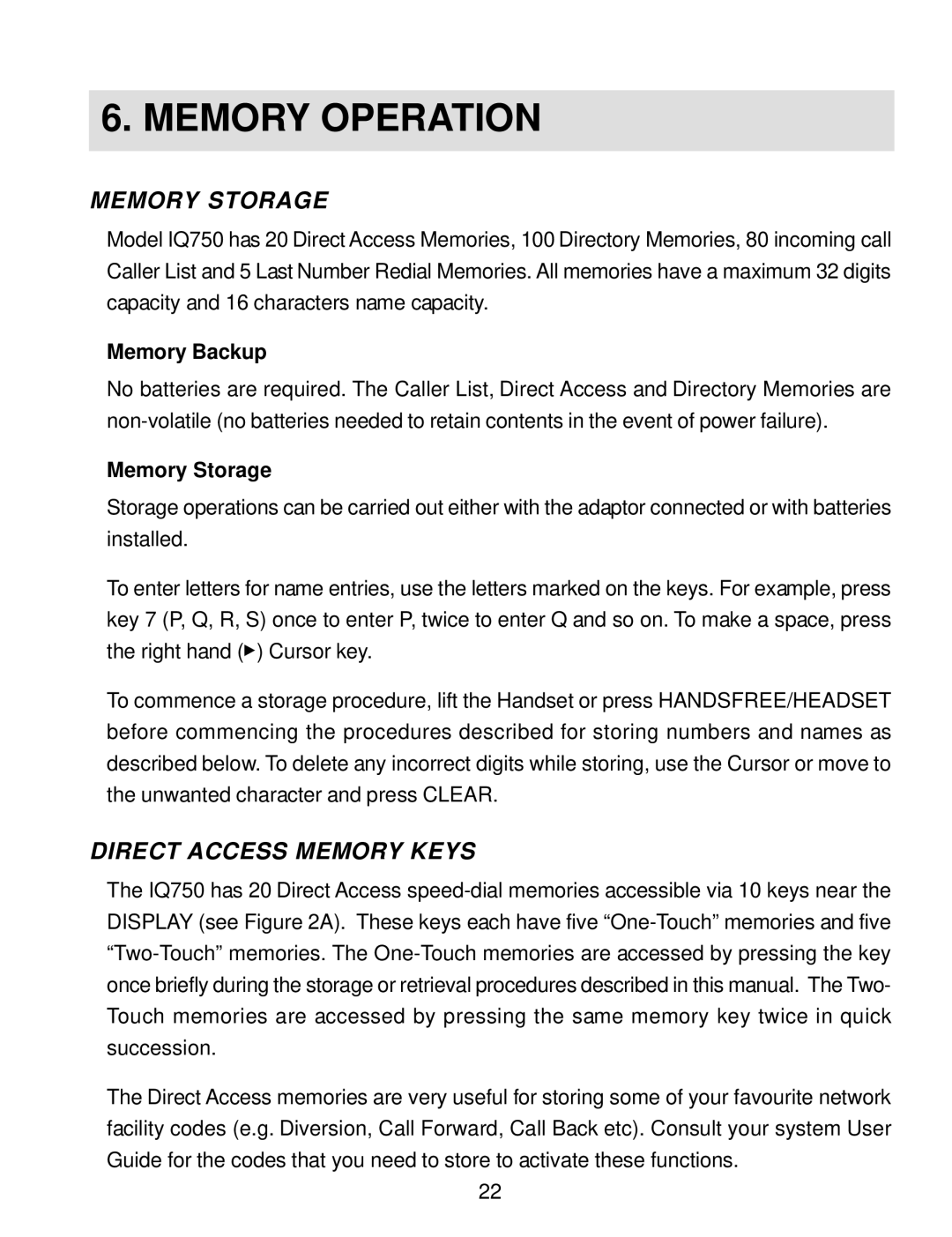 Interquartz IQ750 manual Memory Operation, Memory Storage, Direct Access Memory Keys, Memory Backup 