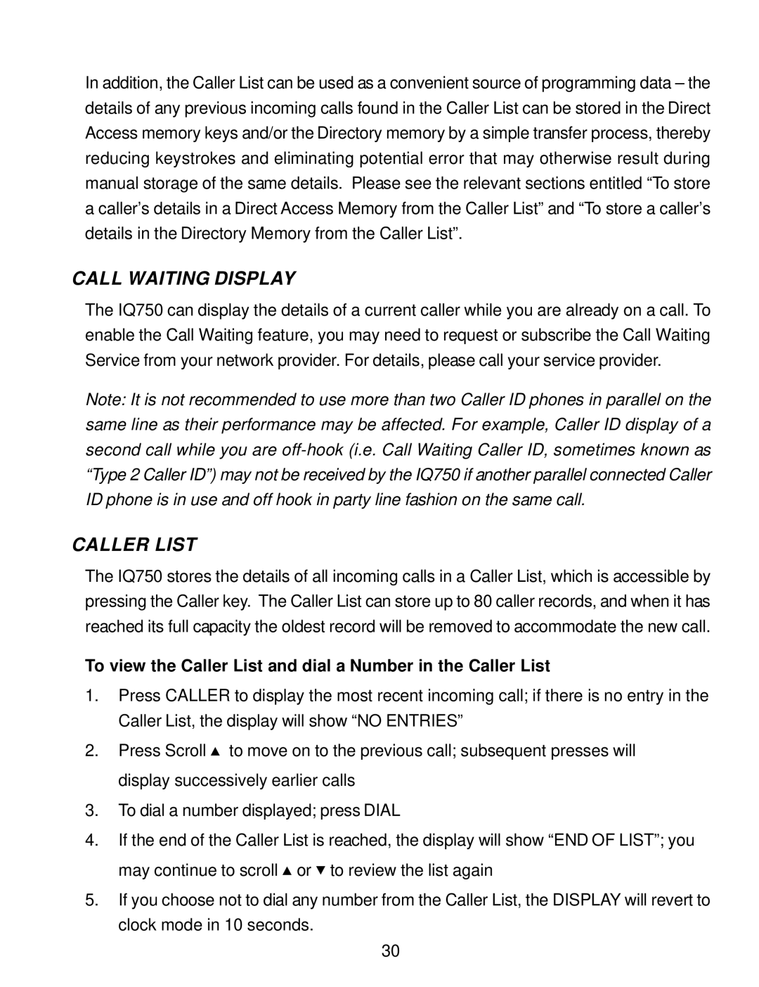 Interquartz IQ750 manual Call Waiting Display, Caller List 