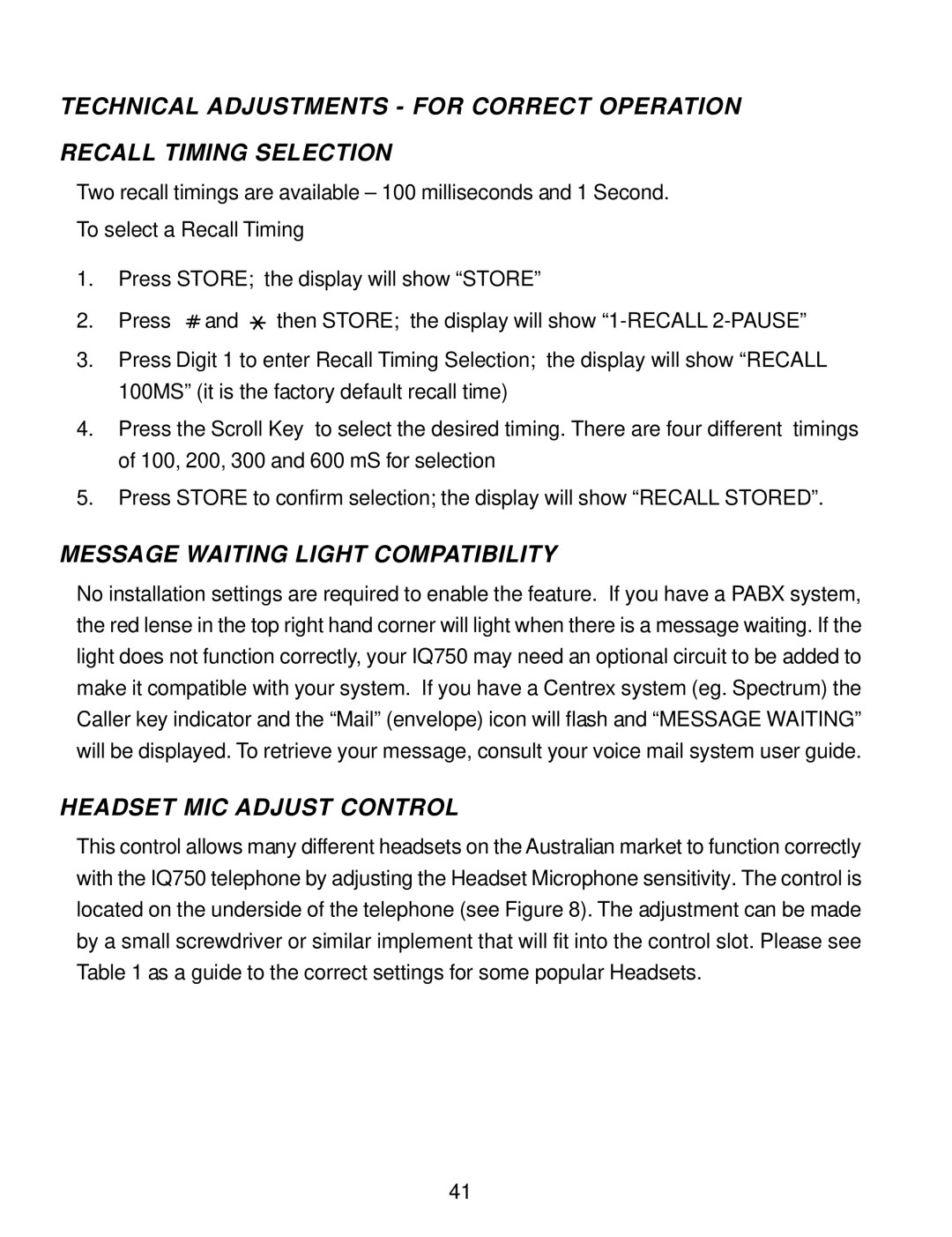 Interquartz IQ750 manual Message Waiting Light Compatibility, Headset MIC Adjust Control 