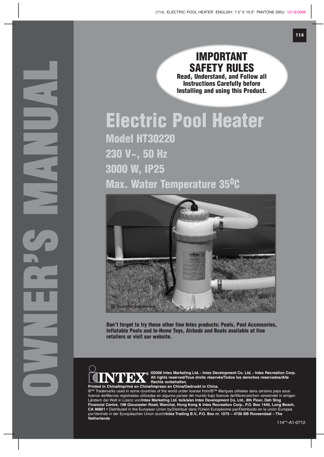 Intex Recreation HT30220 manual Electric Pool Heater 