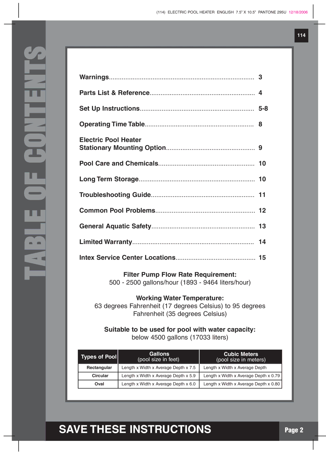 Intex Recreation HT30220 manual Table of Contents 