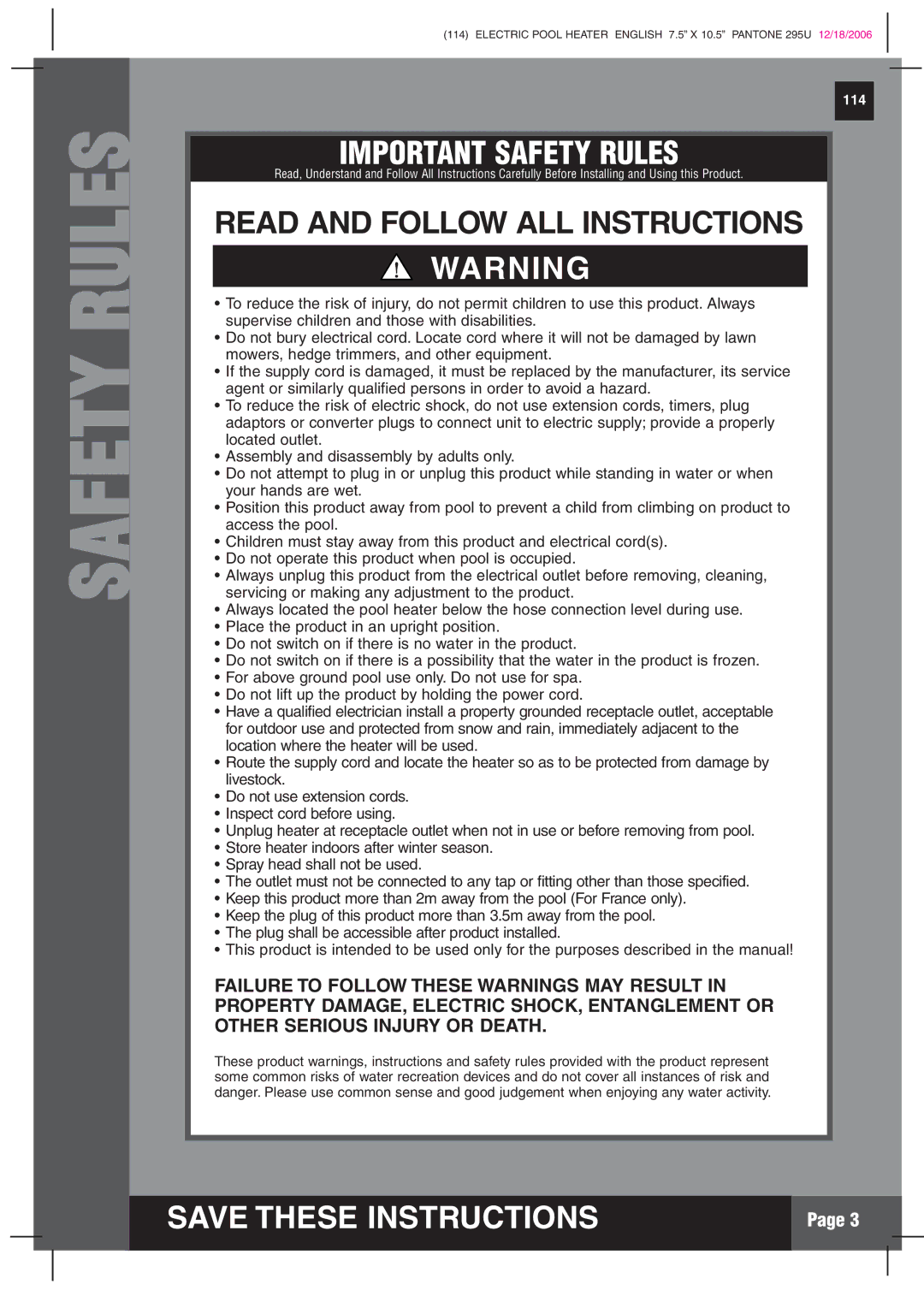 Intex Recreation HT30220 manual Safety Rules 