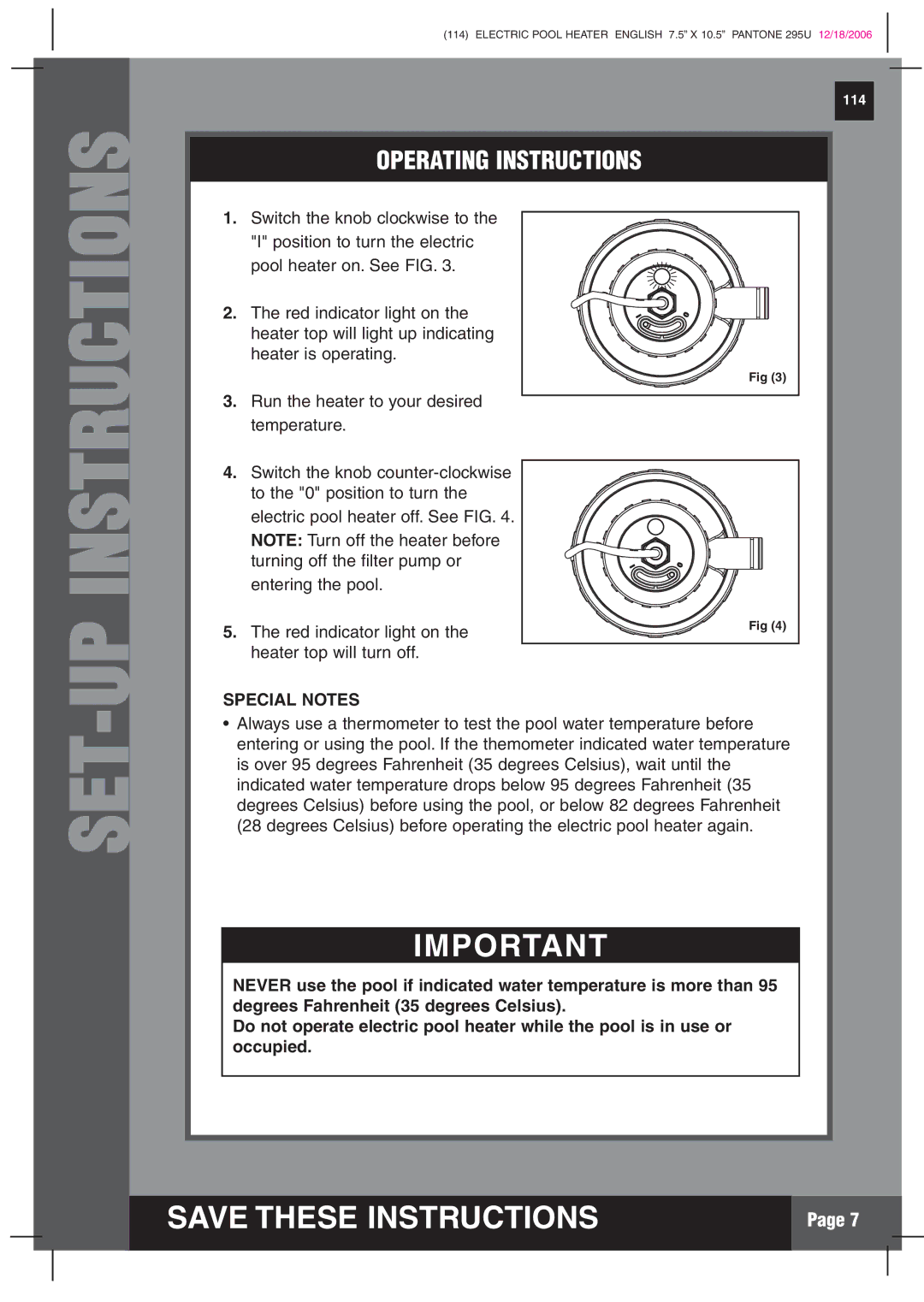 Intex Recreation HT30220 manual Operating Instructions, Special Notes 