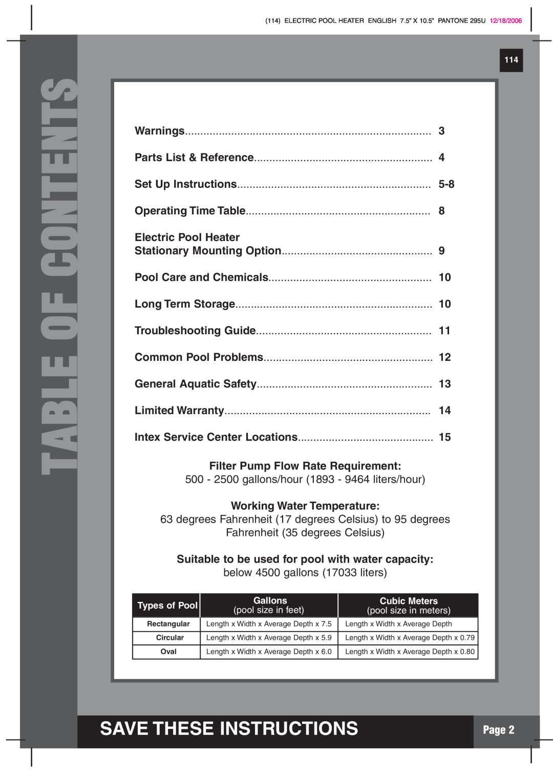 Intex Recreation HT30220 manual Table Of Contents, Save These Instructions, Page 