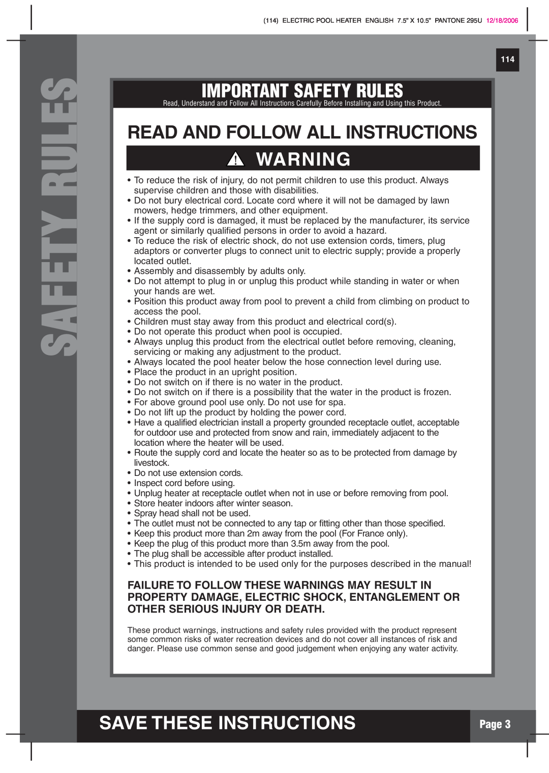 Intex Recreation HT30220 manual Important Safety Rules, Read And Follow All Instructions, Save These Instructions, Page 