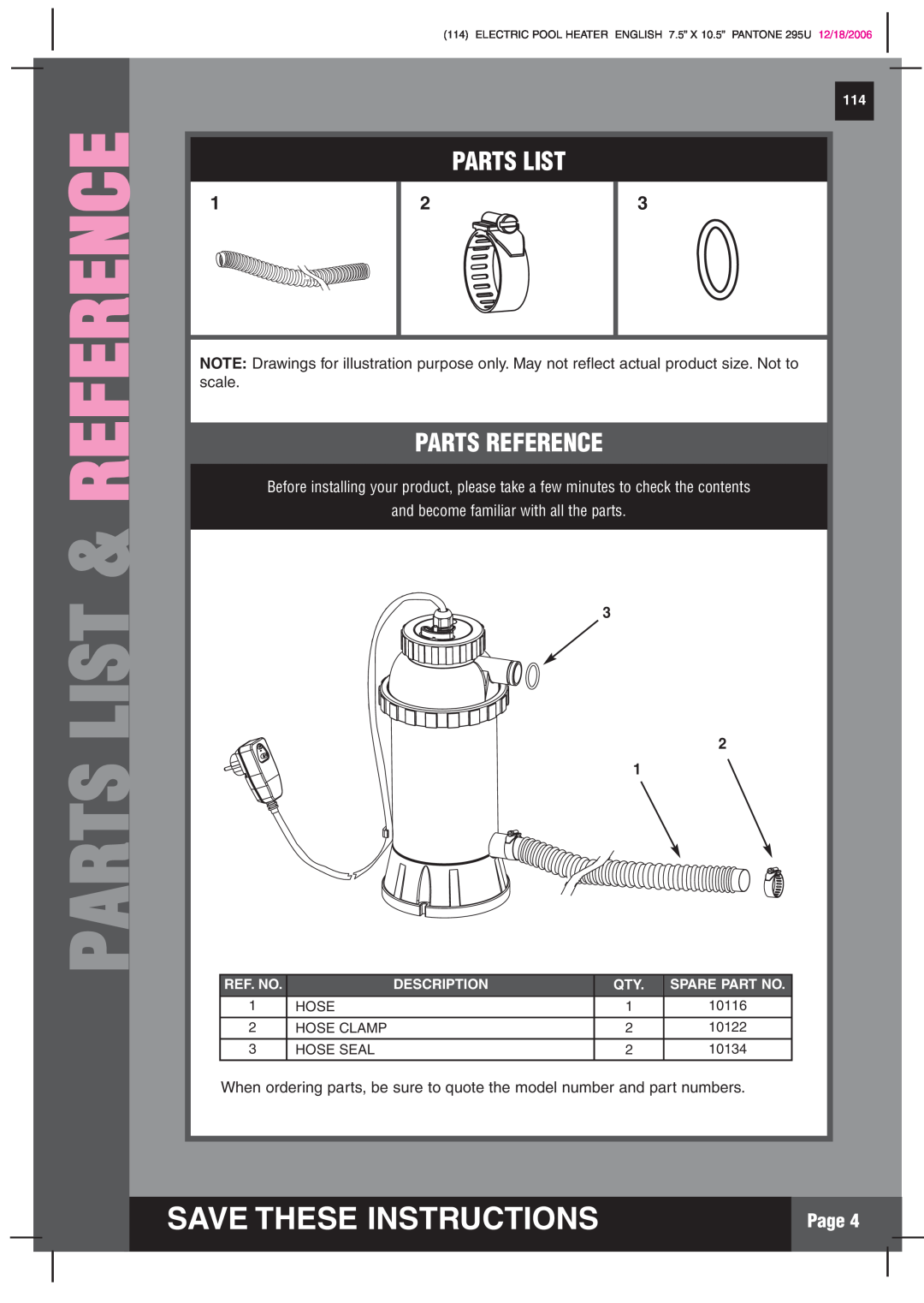 Intex Recreation HT30220 manual Parts List & Reference, Parts Reference, Save These Instructions, Page 