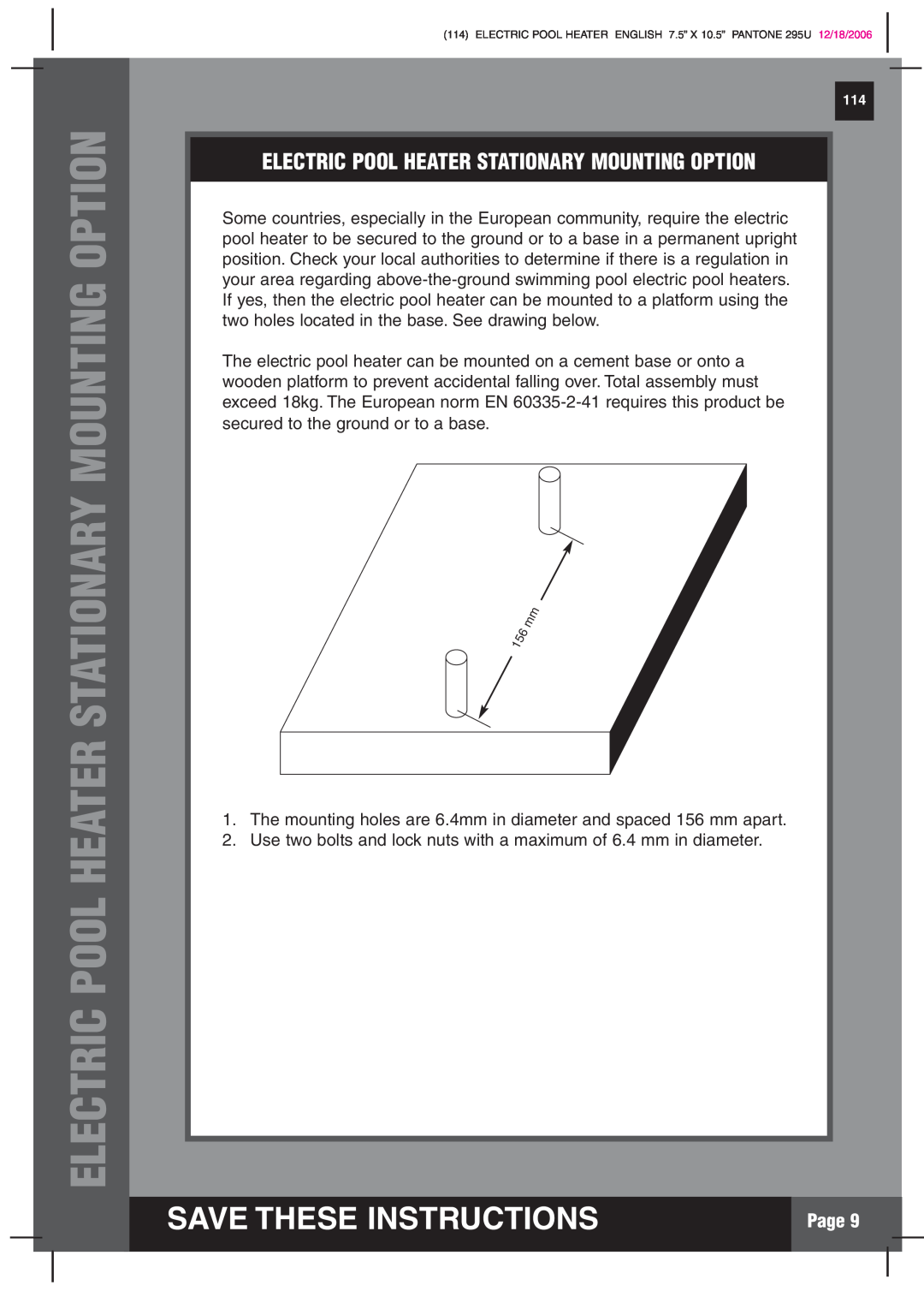 Intex Recreation HT30220 manual Electric Pool Heater Stationary Mounting Option, Save These Instructions, Page 