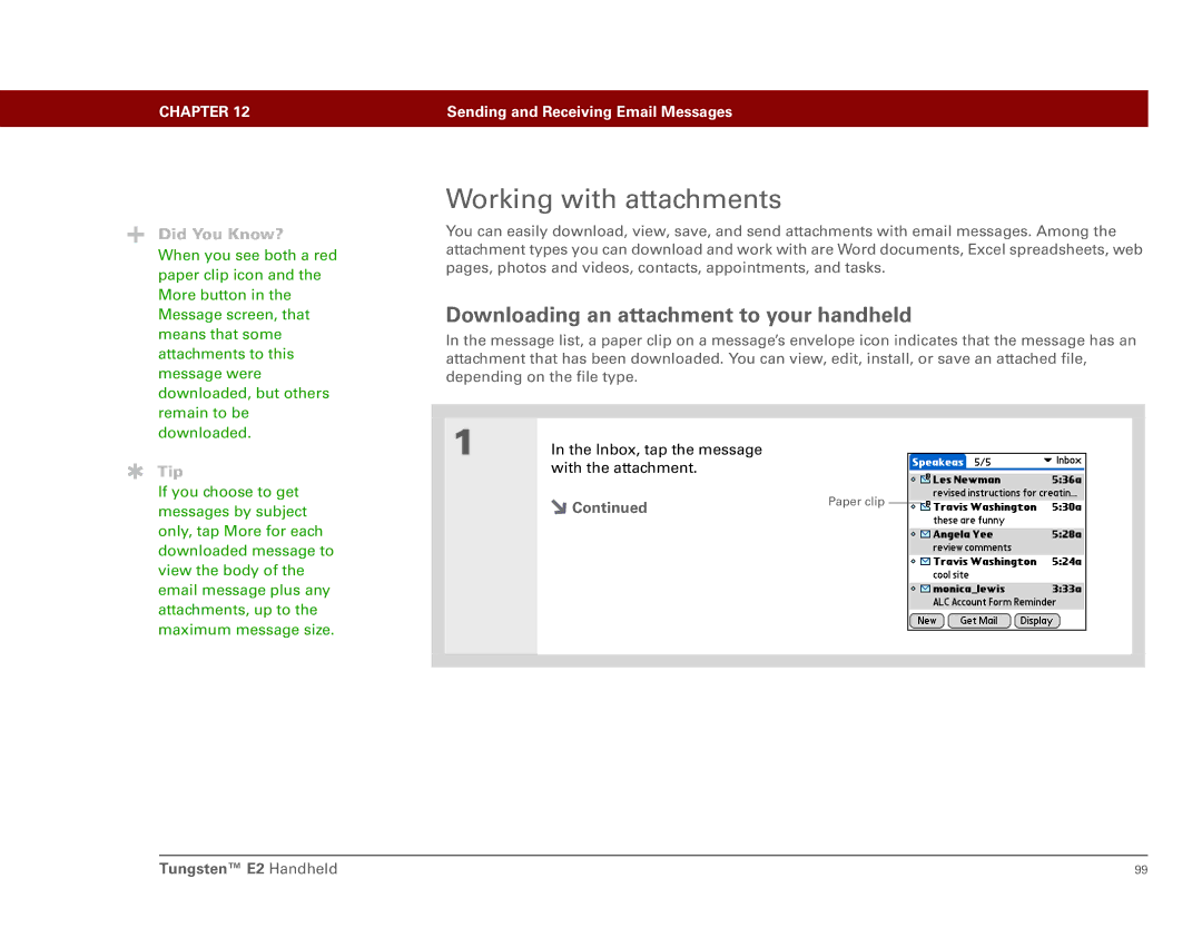 Int'l Wireless E2 manual Working with attachments, Downloading an attachment to your handheld 