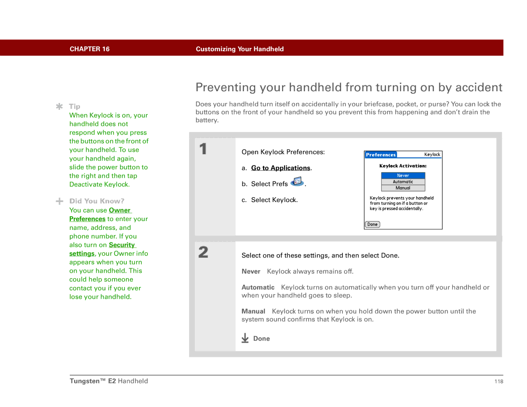 Int'l Wireless manual Preventing your handheld from turning on by accident, Done Tungsten E2 Handheld 