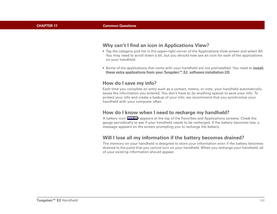 Int'l Wireless E2 manual Why can’t I find an icon in Applications View?, How do I save my info? 