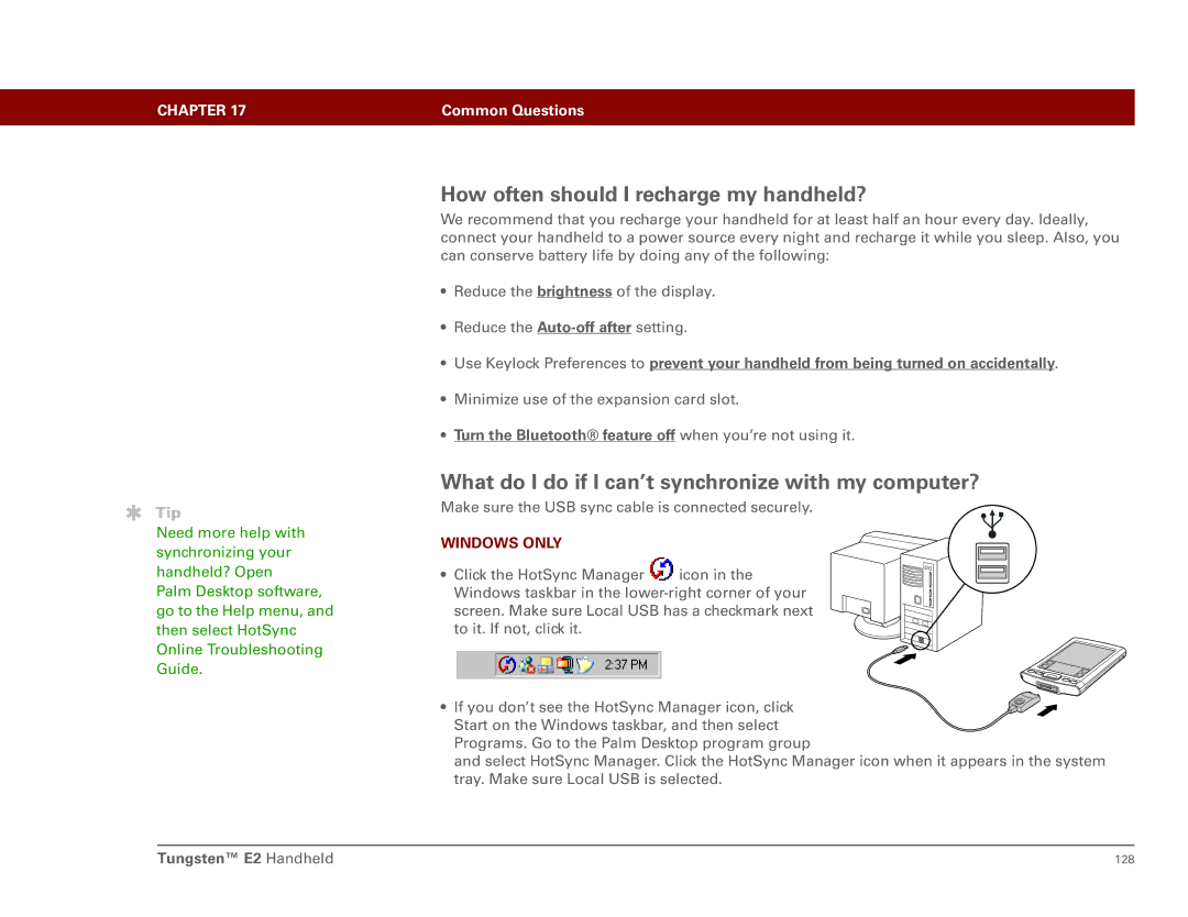 Int'l Wireless E2 manual How often should I recharge my handheld?, What do I do if I can’t synchronize with my computer? 