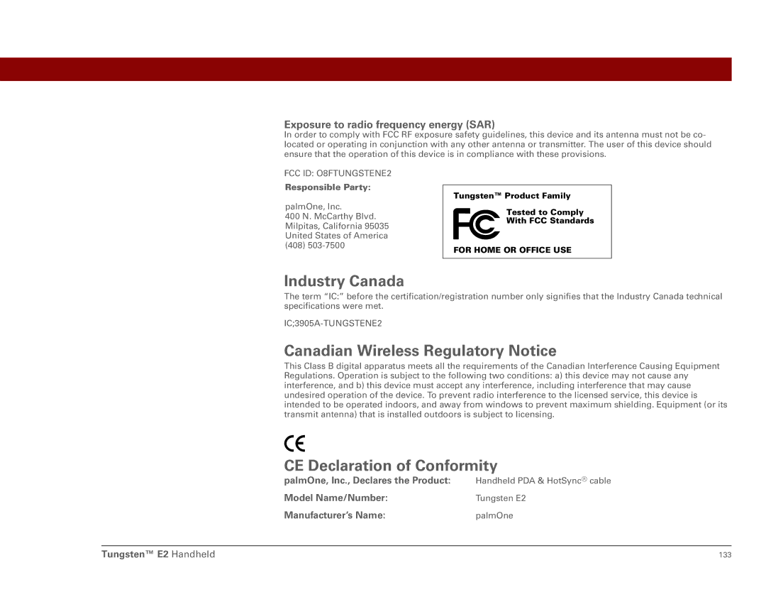 Int'l Wireless E2 manual PalmOne, Inc., Declares the Product, Model Name/Number, Manufacturer’s Name 