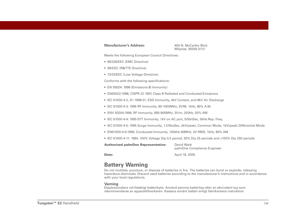 Int'l Wireless E2 manual Battery Warning, Manufacturer’s Address 