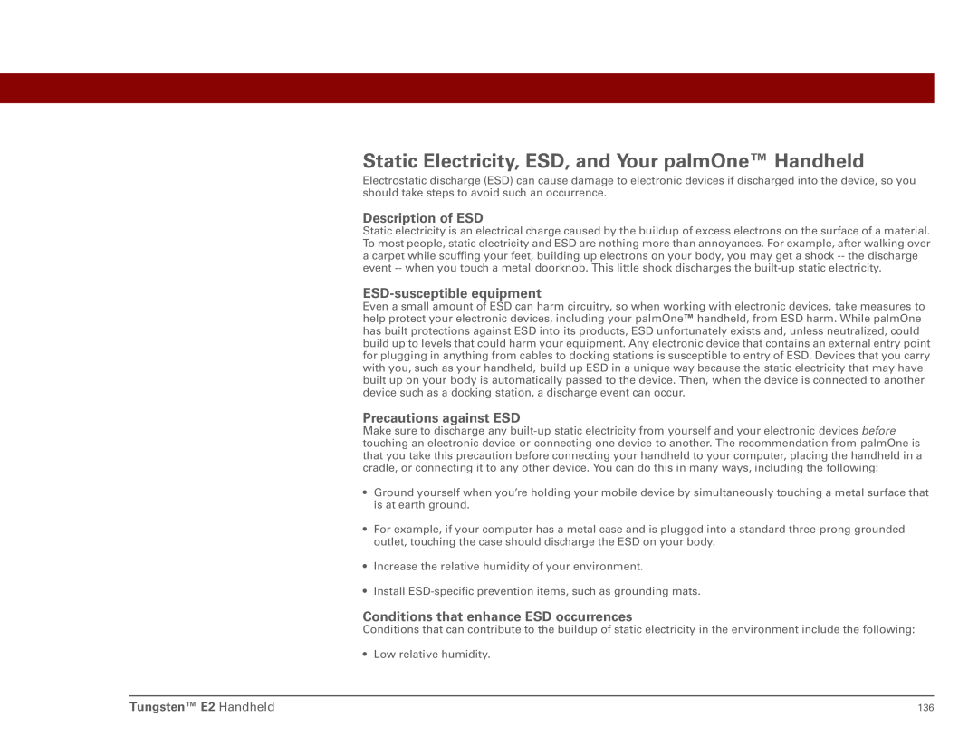 Int'l Wireless E2 manual Static Electricity, ESD, and Your palmOne Handheld 