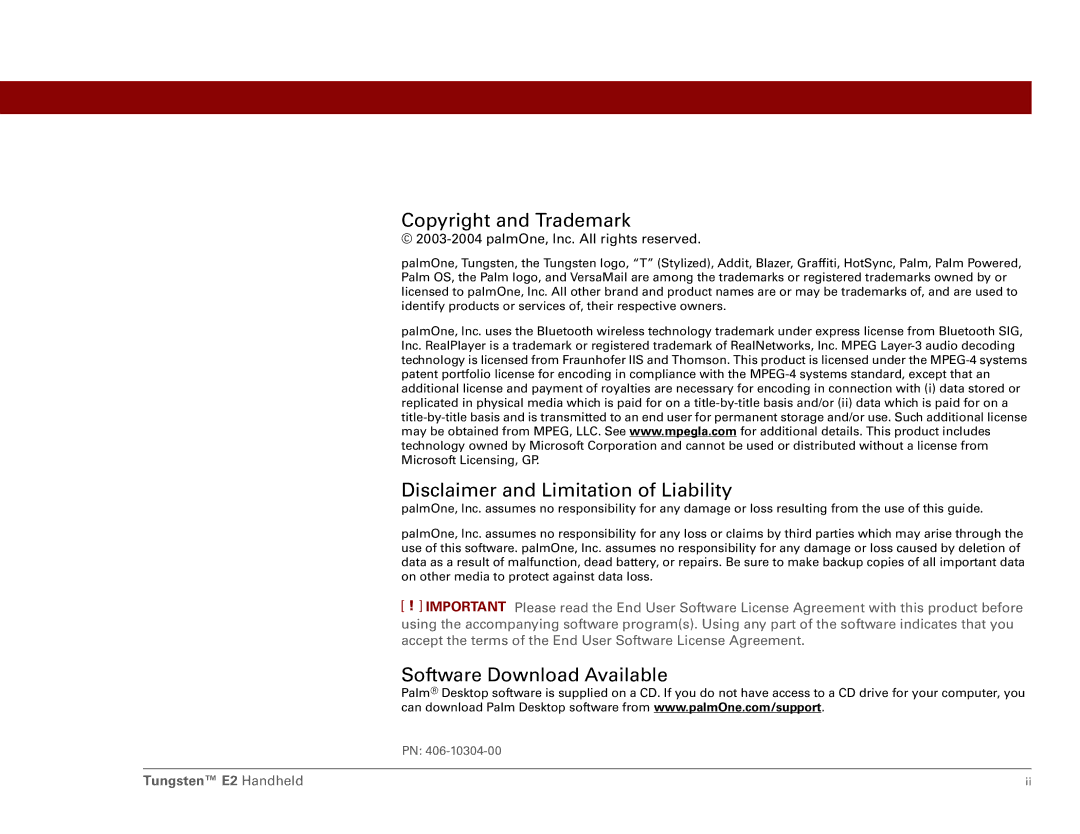 Int'l Wireless manual Copyright and Trademark, Tungsten E2 Handheld 