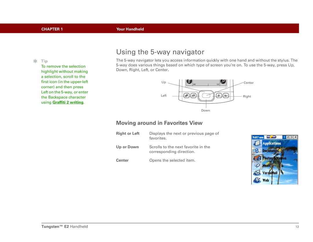 Int'l Wireless E2 manual Using the 5-way navigator, Moving around in Favorites View 