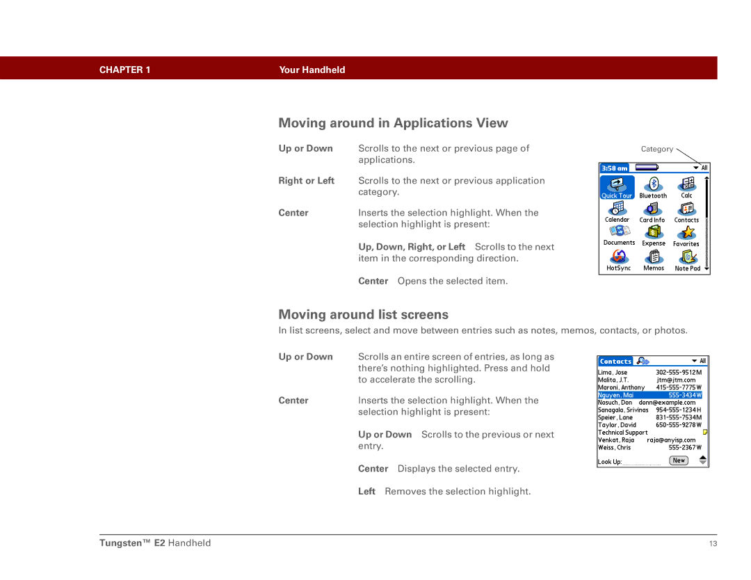 Int'l Wireless E2 manual Moving around in Applications View, Moving around list screens 