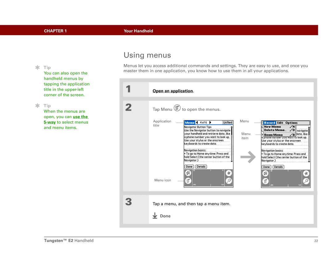 Int'l Wireless E2 manual Using menus, Open an application 