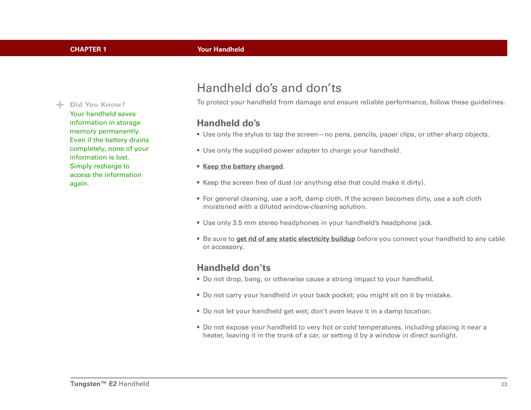 Int'l Wireless E2 manual Handheld do’s and don’ts, Handheld don’ts, Keep the battery charged 