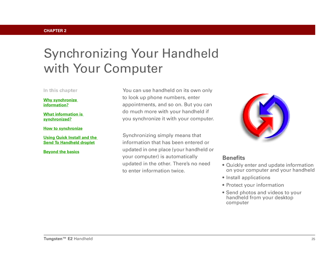 Int'l Wireless E2 manual Synchronizing Your Handheld with Your Computer, Benefits 