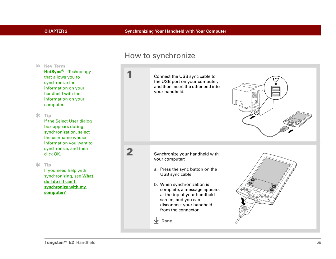 Int'l Wireless manual How to synchronize, Done Tungsten E2 Handheld 