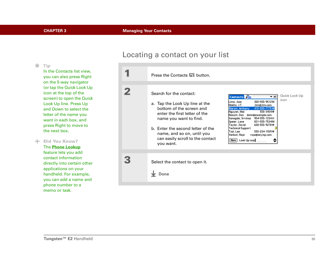 Int'l Wireless E2 manual Locating a contact on your list, Done 