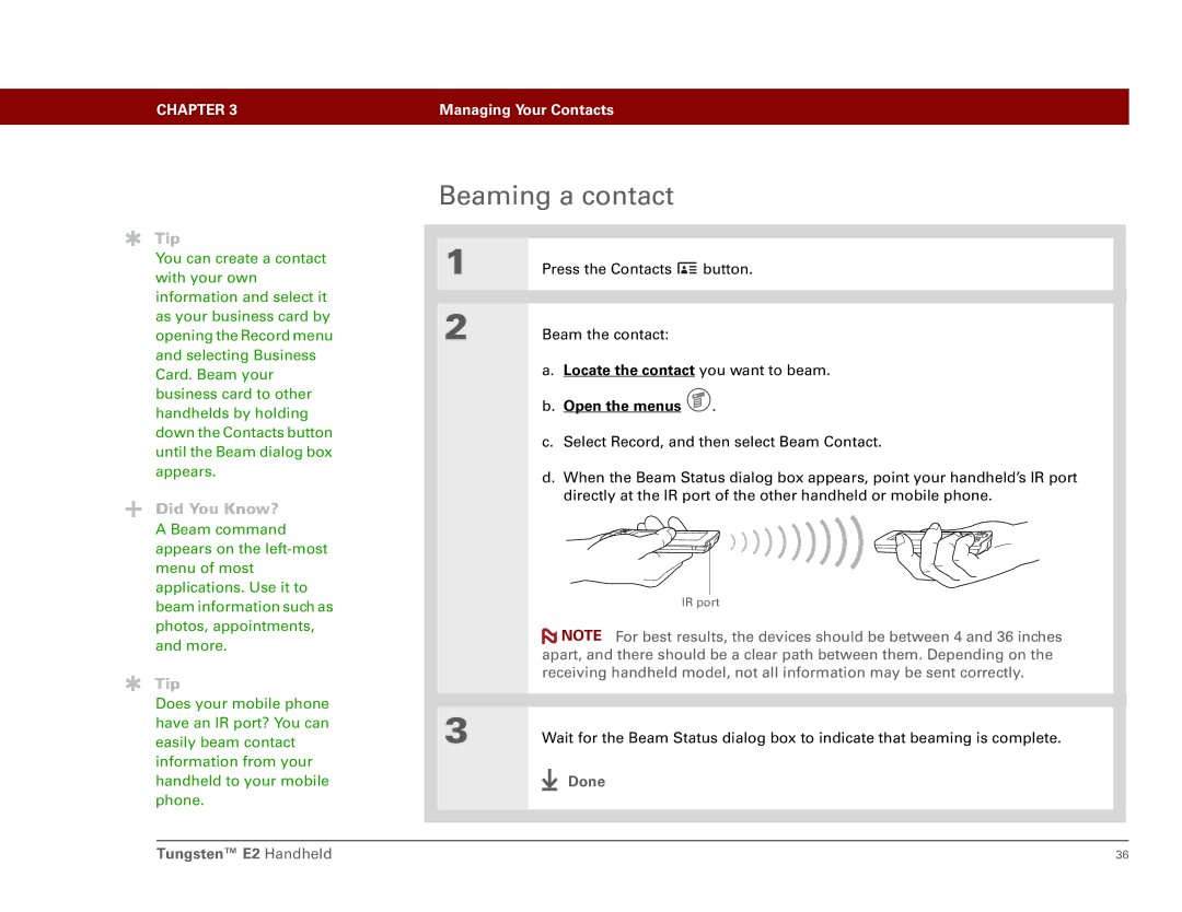 Int'l Wireless E2 manual Beaming a contact, Locate the contact you want to beam Open the menus 