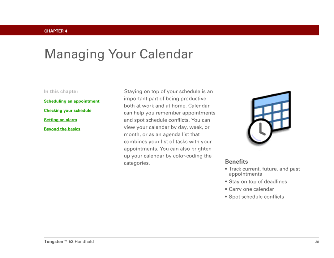 Int'l Wireless E2 manual Managing Your Calendar, Benefits 