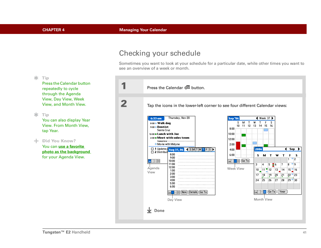 Int'l Wireless manual Checking your schedule, Done Tungsten E2 Handheld 
