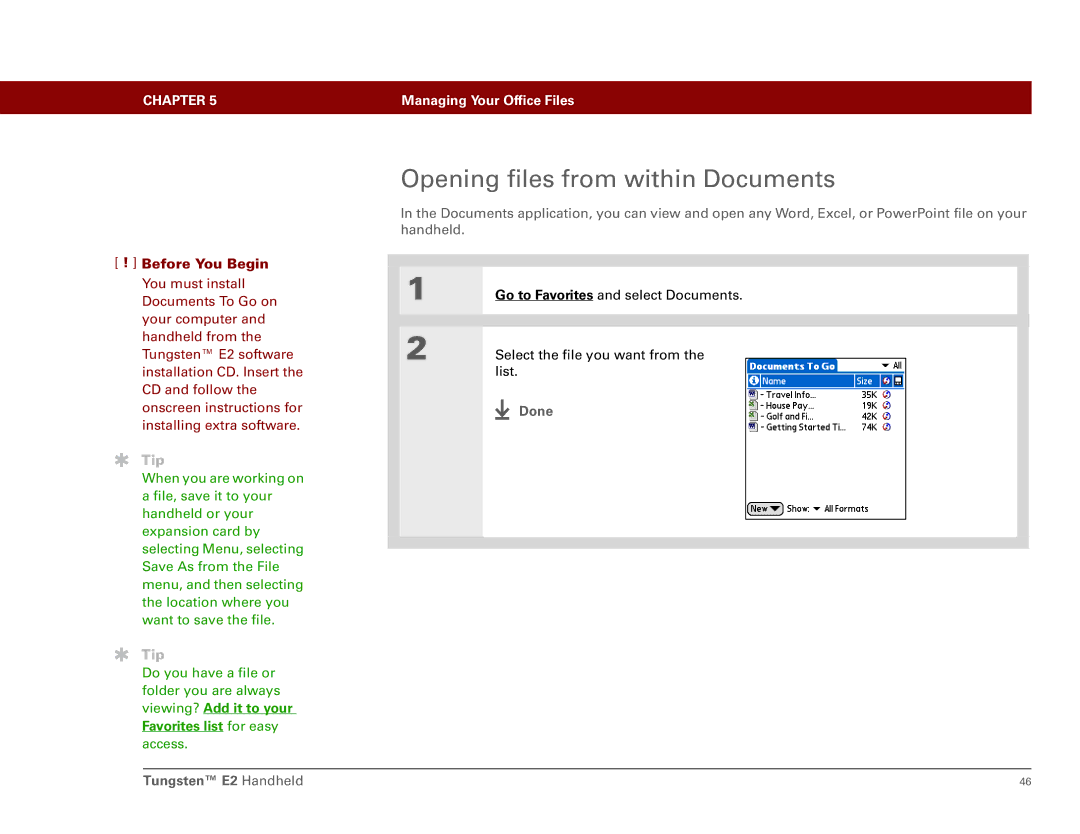 Int'l Wireless manual Opening files from within Documents, Done Tungsten E2 Handheld 