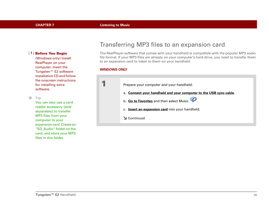 Int'l Wireless E2 manual Transferring MP3 files to an expansion card 