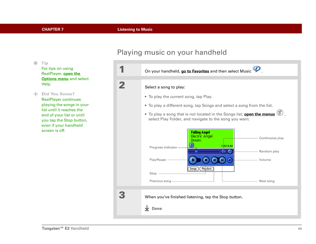 Int'l Wireless manual Playing music on your handheld, Done Tungsten E2 Handheld 