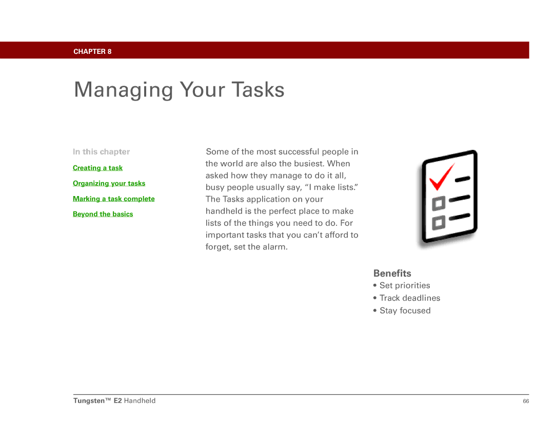 Int'l Wireless E2 manual Managing Your Tasks, Set priorities Track deadlines Stay focused 