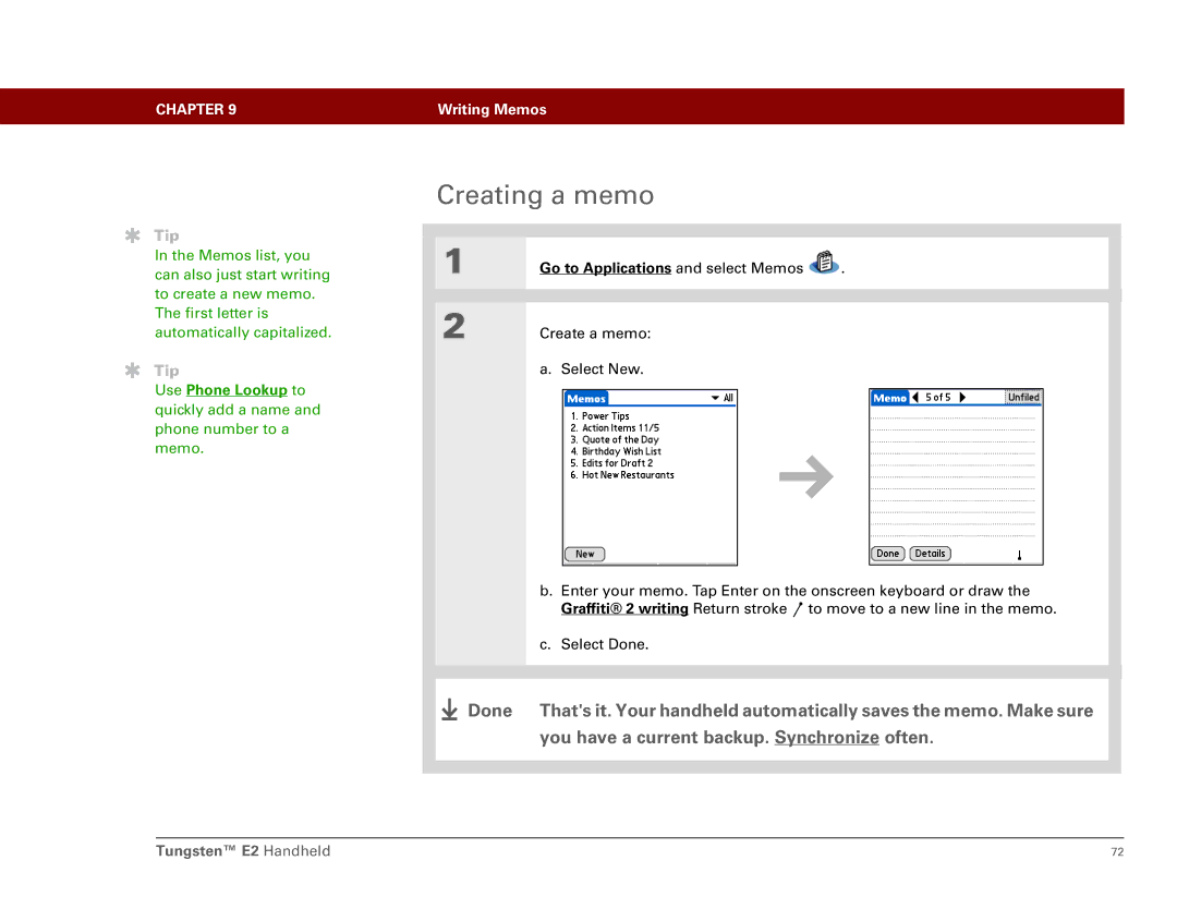 Int'l Wireless E2 manual Creating a memo, Go to Applications and select Memos 