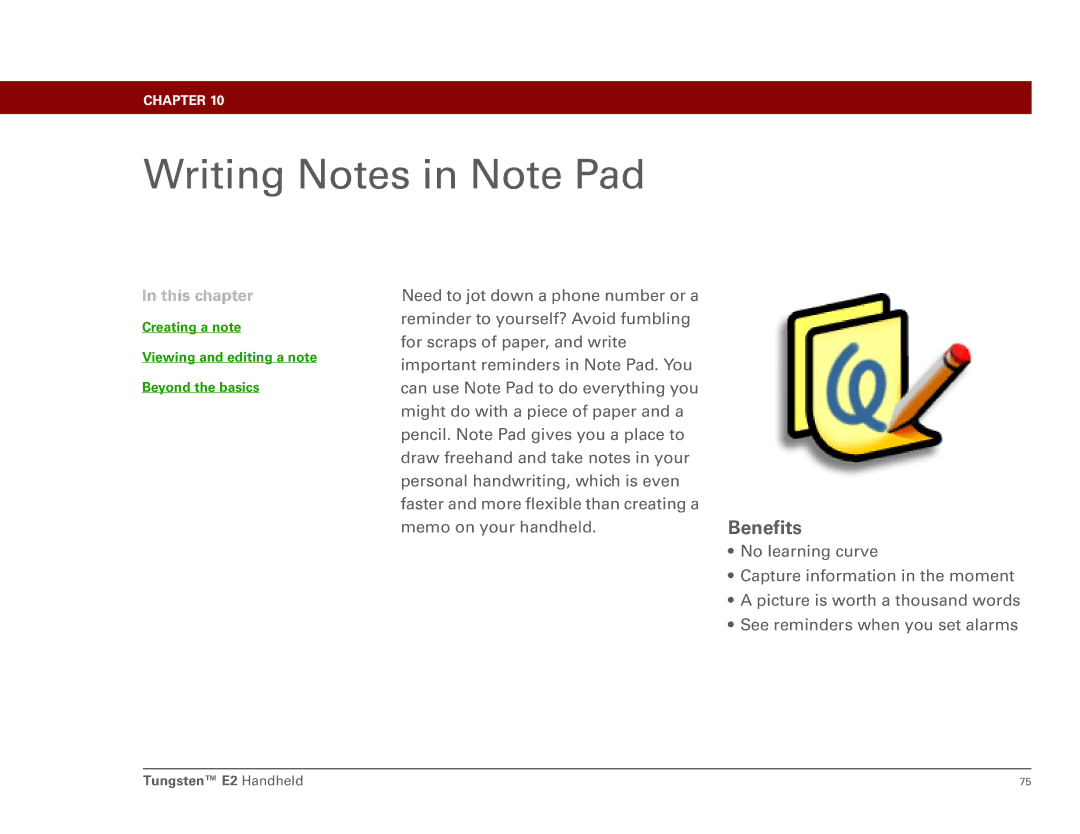 Int'l Wireless E2 manual Writing Notes in Note Pad, See reminders when you set alarms 