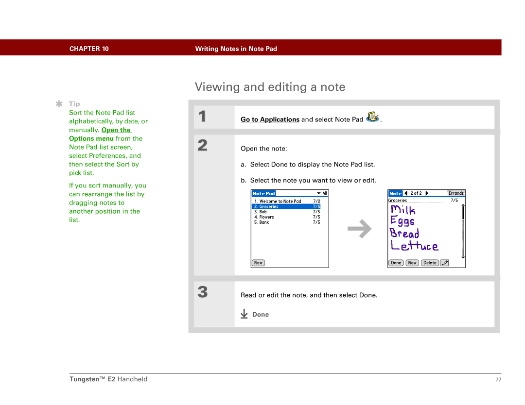 Int'l Wireless E2 manual Viewing and editing a note, Done 