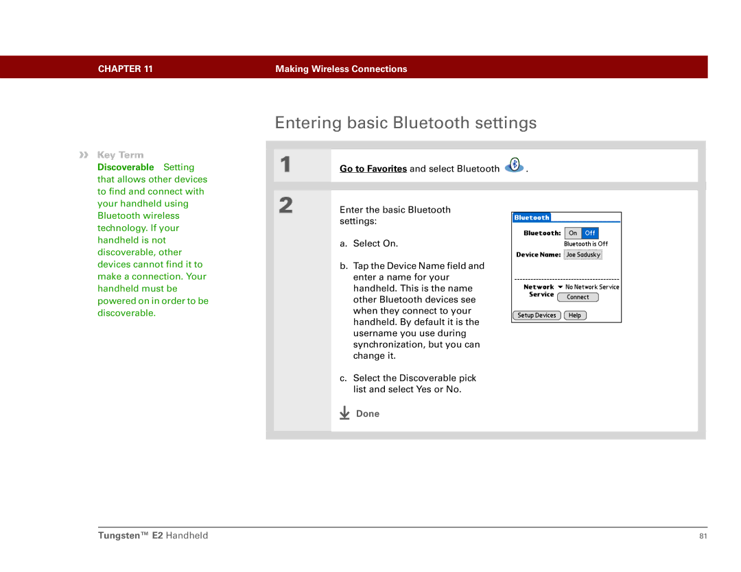 Int'l Wireless manual Entering basic Bluetooth settings, Done Tungsten E2 Handheld 