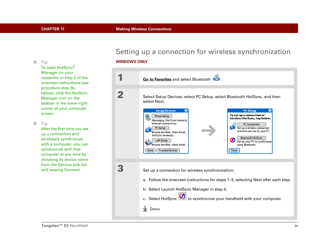 Int'l Wireless manual Setting up a connection for wireless synchronization, Done Tungsten E2 Handheld 