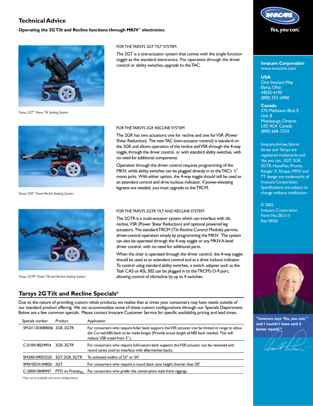 Invacare 00-313 manual Technical Advice, Tarsys 2G Tilt and Recline Specials 