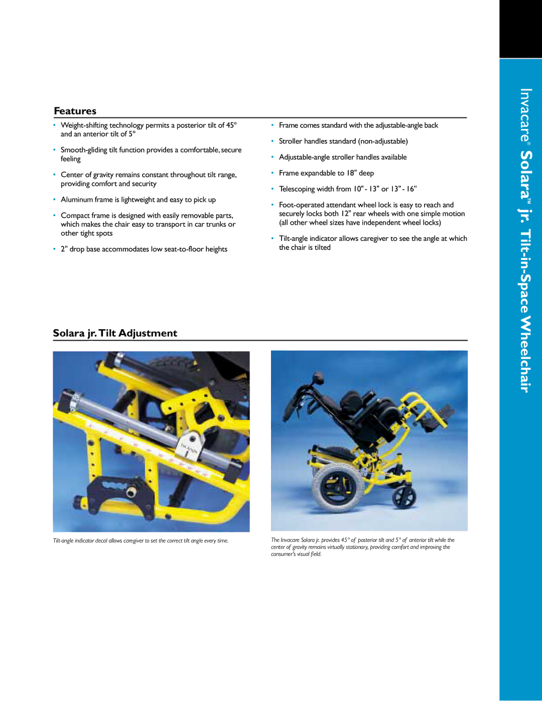 Invacare 01-349 manual Solara jr. Tilt-in-Space, Wheelchair, Features, Solara jr. Tilt Adjustment 