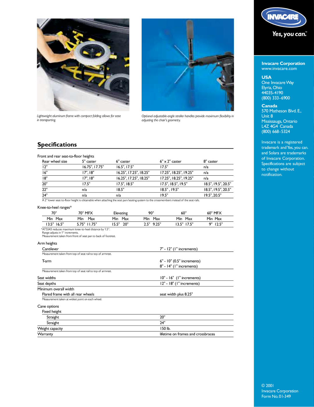 Invacare 01-349 manual Specifications, 19.5 