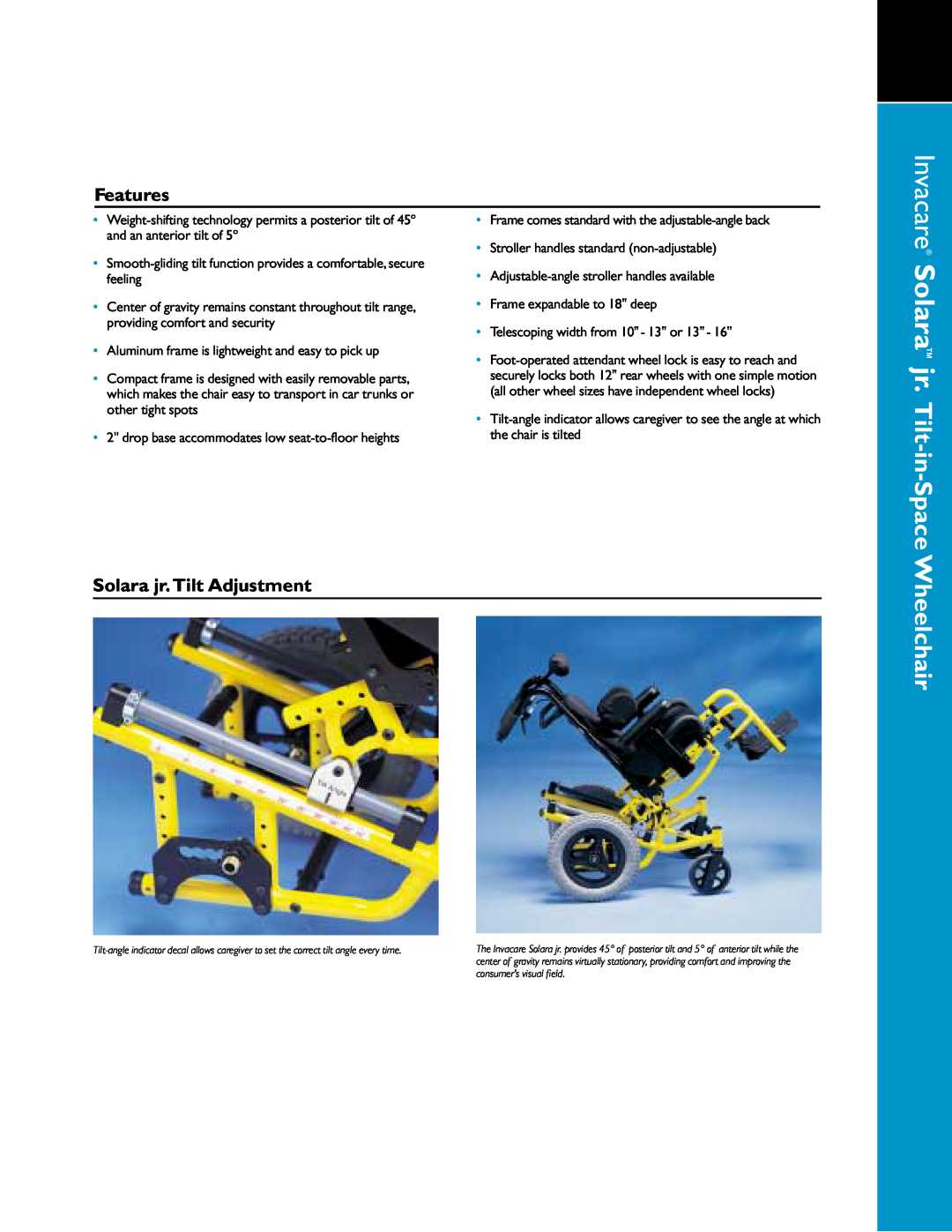 Invacare 01-349 manual Solara jr. Tilt-in-Space, Wheelchair, Features, Solara jr. Tilt Adjustment, Invacare 