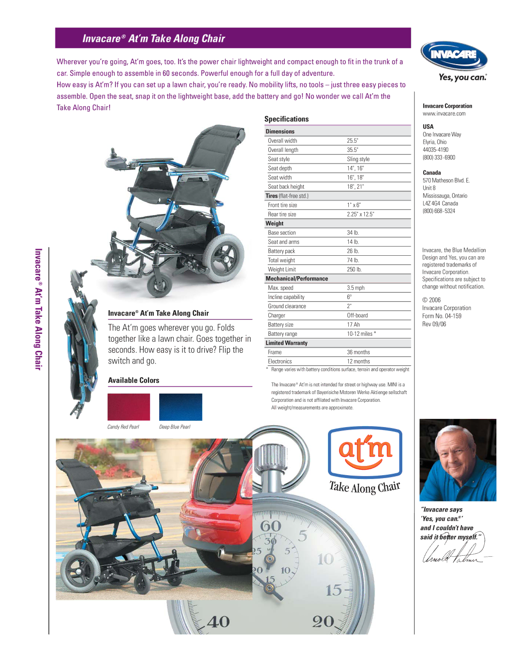 Invacare 04-159 manual Invacare At’m Take Along Chair, Available Colors Specifications, Usa 