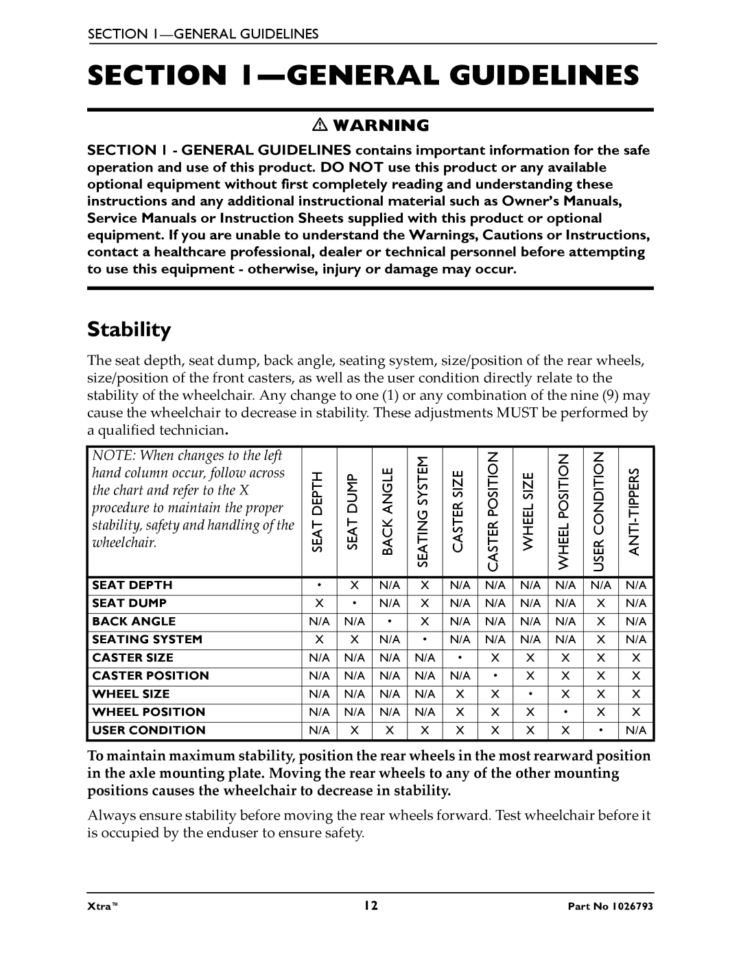 Invacare 1026793 manual General Guidelines, Stability 