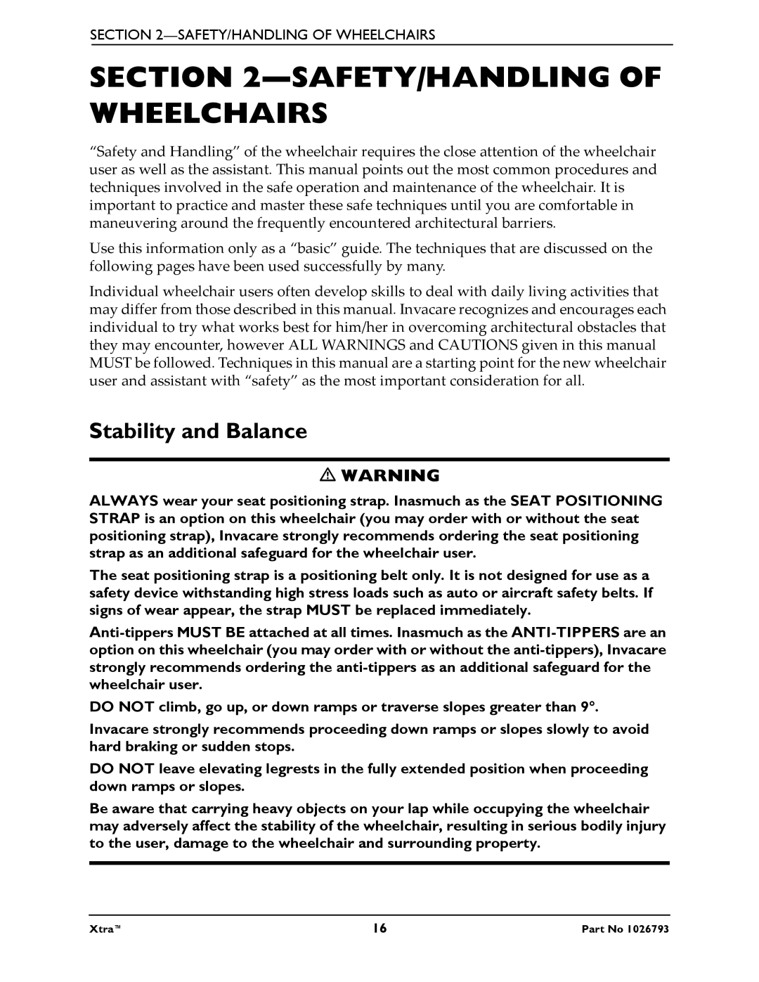 Invacare 1026793 manual SAFETY/HANDLING of Wheelchairs, Stability and Balance 