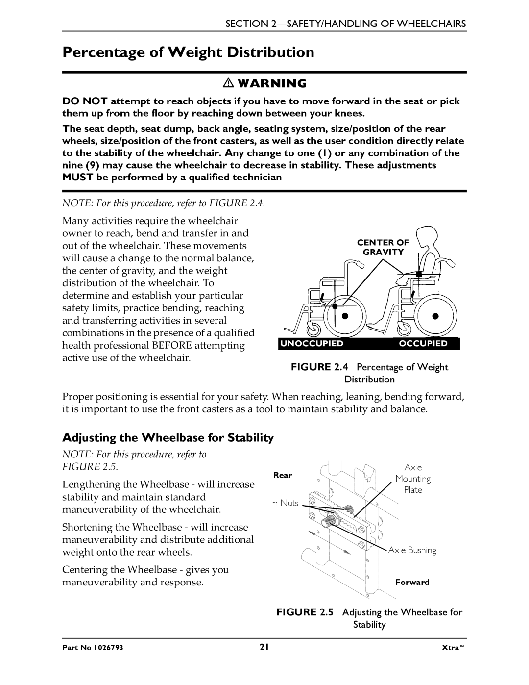 Invacare 1026793 manual Percentage of Weight Distribution, Adjusting the Wheelbase for Stability 