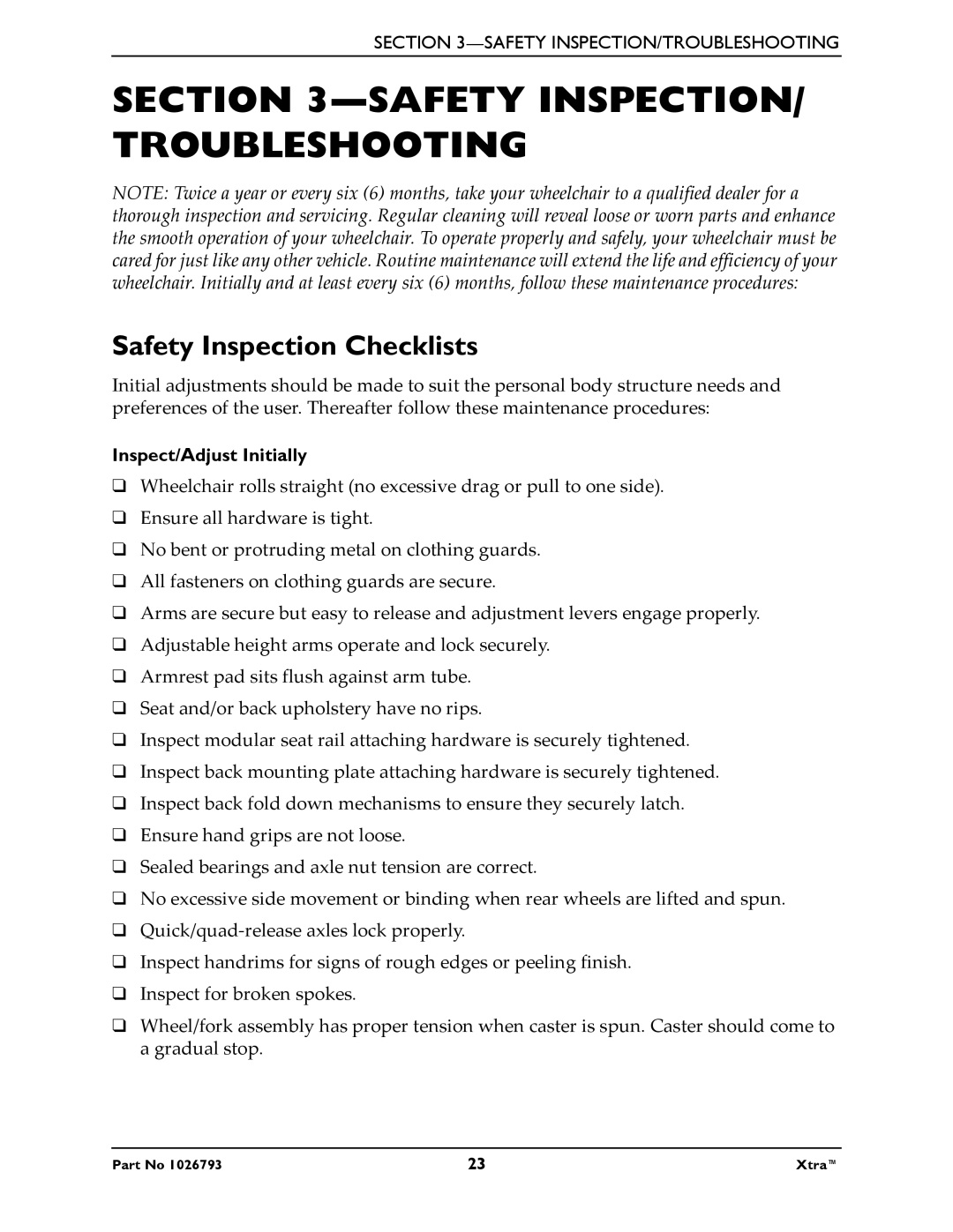 Invacare 1026793 manual Safety INSPECTION/ Troubleshooting, Safety Inspection Checklists, Inspect/Adjust Initially 