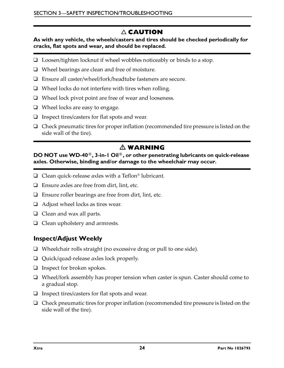 Invacare 1026793 manual Inspect/Adjust Weekly 