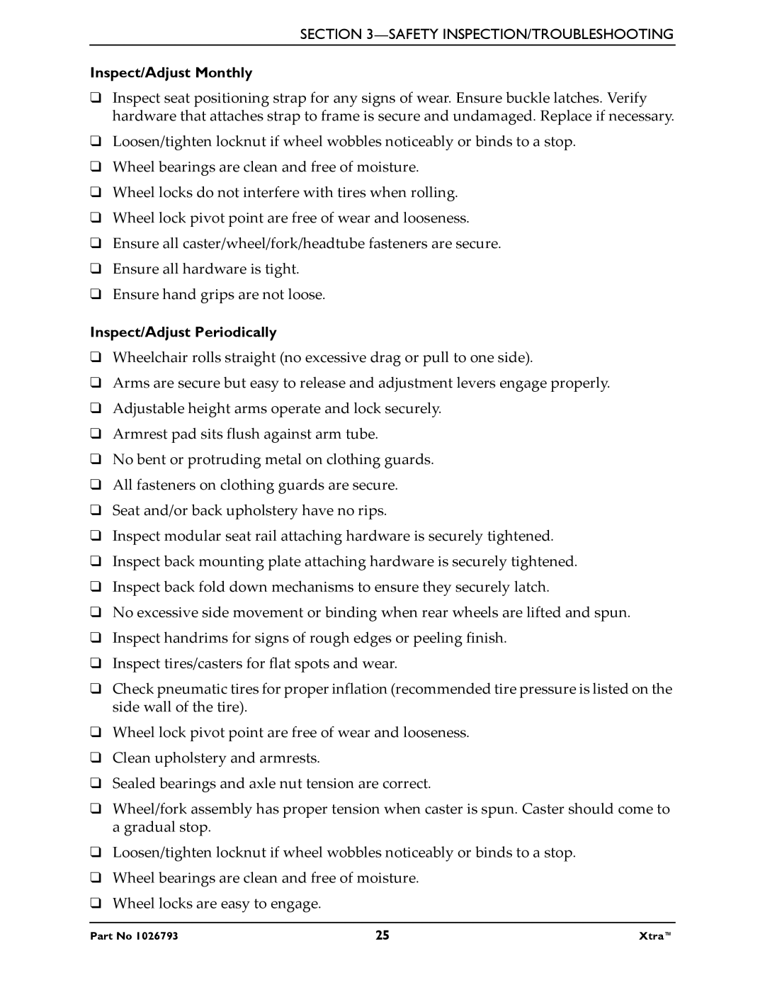 Invacare 1026793 manual Inspect/Adjust Monthly, Inspect/Adjust Periodically 