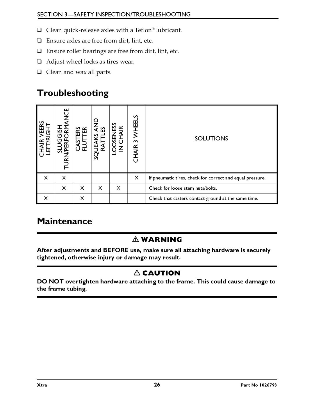 Invacare 1026793 manual Troubleshooting, Maintenance 